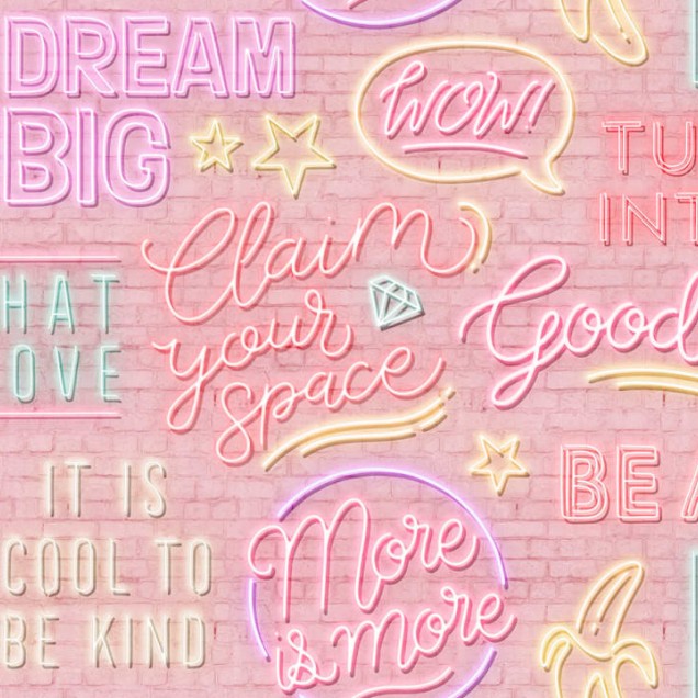 Tapet Neon Vibes, Pink Bricks, cu design modern de cărămidă roz și mesaje luminoase.