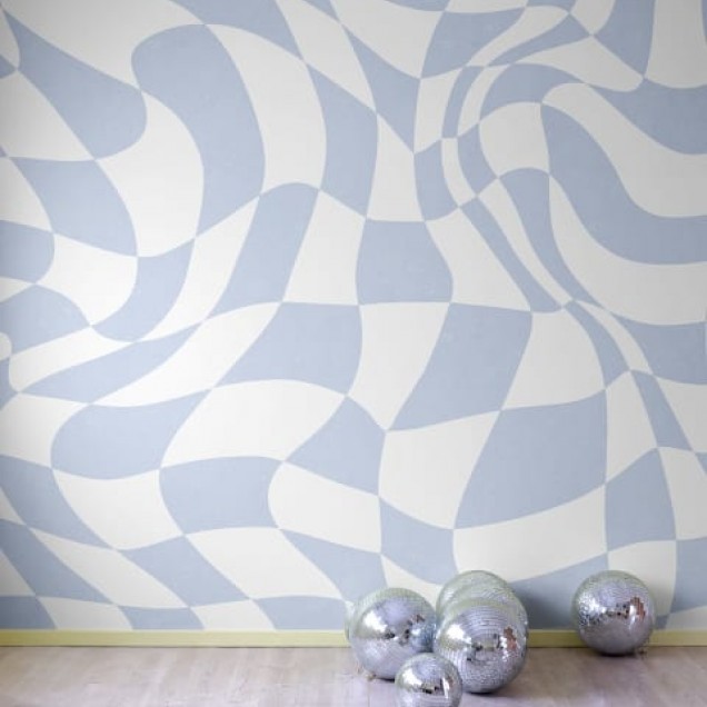 Imaginea prezintă un wallpaper cu un design psihedelic cu pătrate ondulate în nuanțe de albastru și alb.