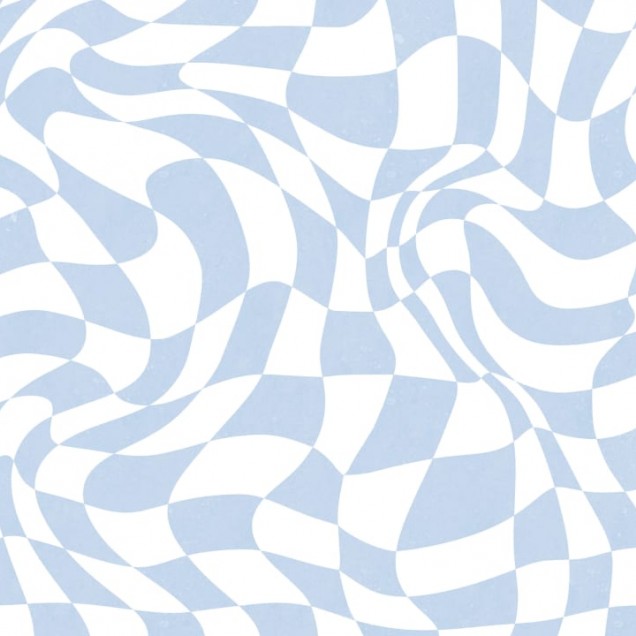 Imaginea prezintă un wallpaper cu un design psihedelic cu pătrate ondulate în nuanțe de albastru și alb.
