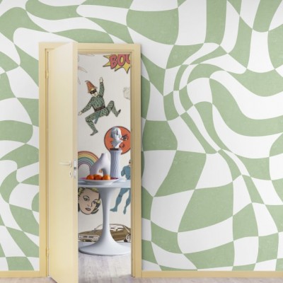 Tapet geometric retro chic în culori verde și alb, cu forme ondulate