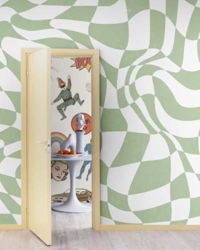 Tapet geometric retro chic în culori verde și alb, cu forme ondulate