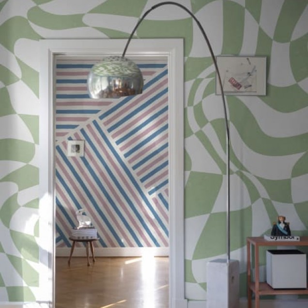 Tapet geometric retro chic în culori verde și alb, cu forme ondulate