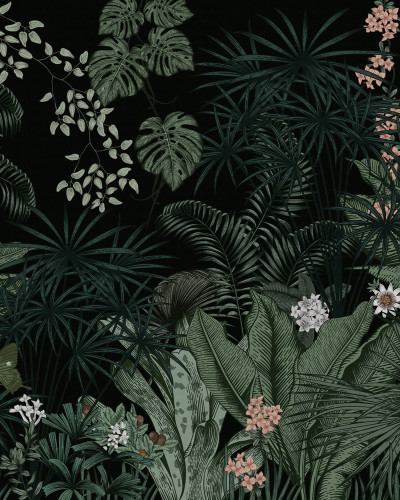 Tapet tropical cu frunze luxuriante și flori delicate.