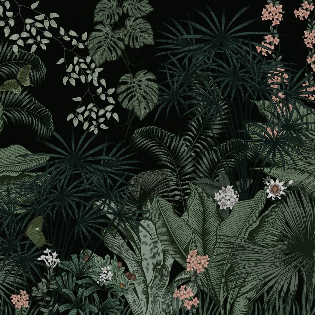 Tapet tropical cu frunze luxuriante și flori delicate.