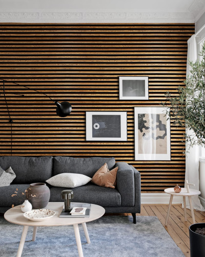 Tapet cu aspect de lemn, Rib Wood Horizontal, in decorul unui living.