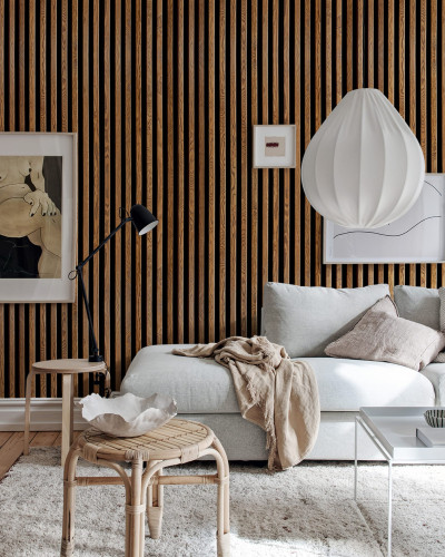 Tapet cu aspect de lemn, Rib Wood, in decorul unei camere de zi