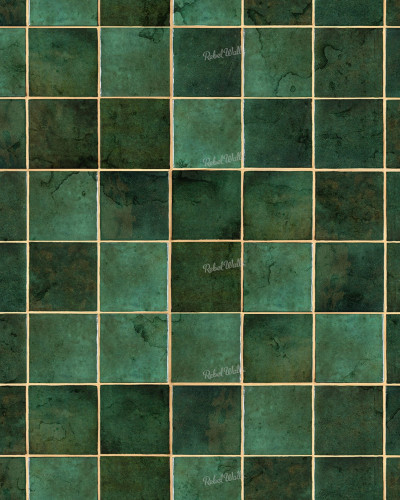 Tapet Ceramic Tiles, Emerald, cu aspect de plăci ceramice verzi, cu detalii aurii, montat pe un perete din bucătărie.