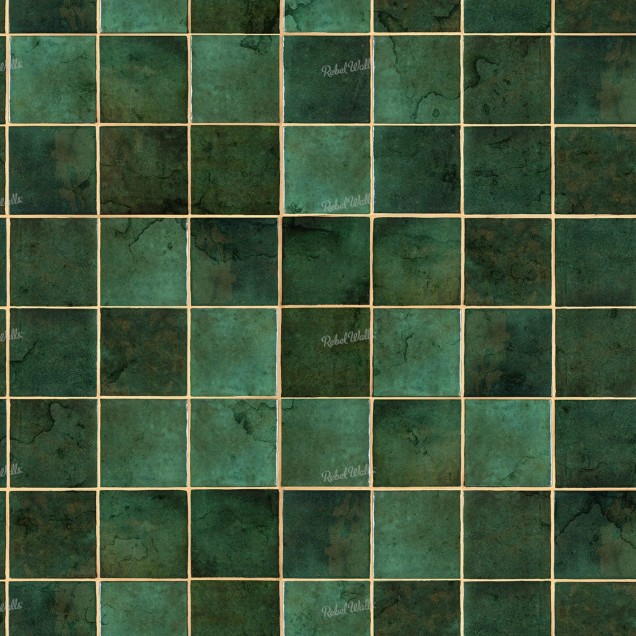 Tapet Ceramic Tiles, Emerald, cu aspect de plăci ceramice verzi, cu detalii aurii, montat pe un perete din bucătărie.