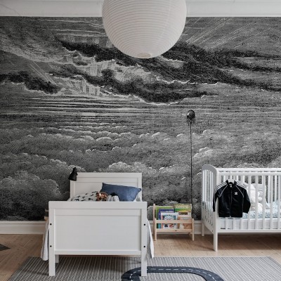 Tapet cu design vintage care prezintă un balon cu aer cald plutind printre nori