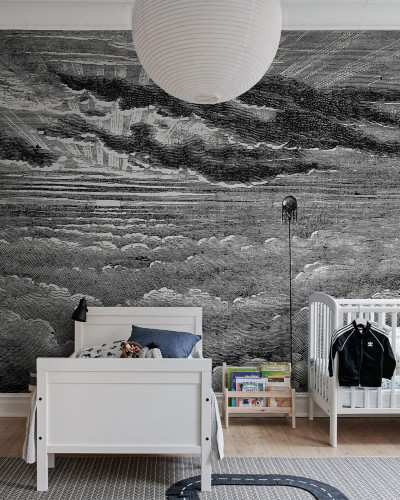 Tapet cu design vintage care prezintă un balon cu aer cald plutind printre nori