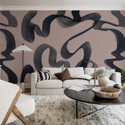 Tapet cu forme abstracte, curbate, realizate in culori neutre.