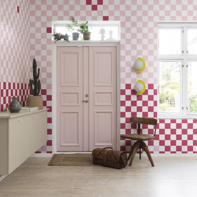 Tapet Pixels, Magenta, cu model geometric minimalist în nuanțe de roz și magenta