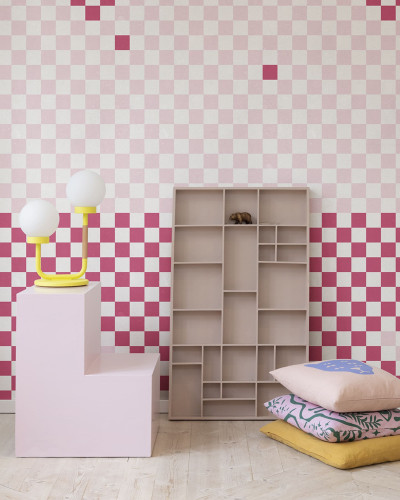 Tapet Pixels, Magenta, cu model geometric minimalist în nuanțe de roz și magenta