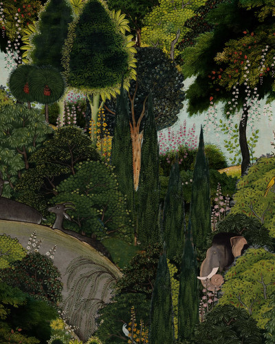 Tapet Hiding Spot, Evening, cu un design inspirat din natura, cu copaci, animale salbatice si culori calde.