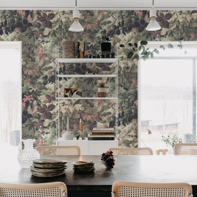 Tapet floral delicat, Vinum Raspeys, Pastel, cu un model bogat de frunze și flori delicate.