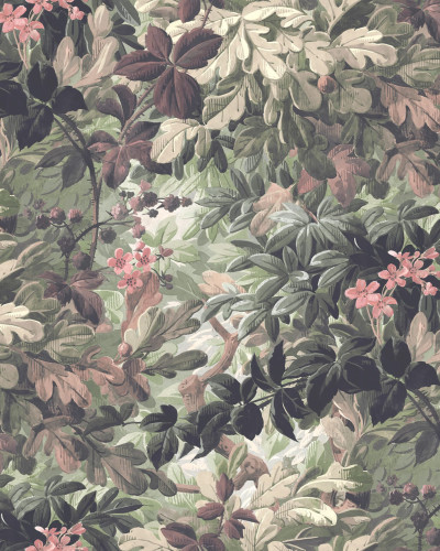 Tapet floral delicat, Vinum Raspeys, Pastel, cu un model bogat de frunze și flori delicate.