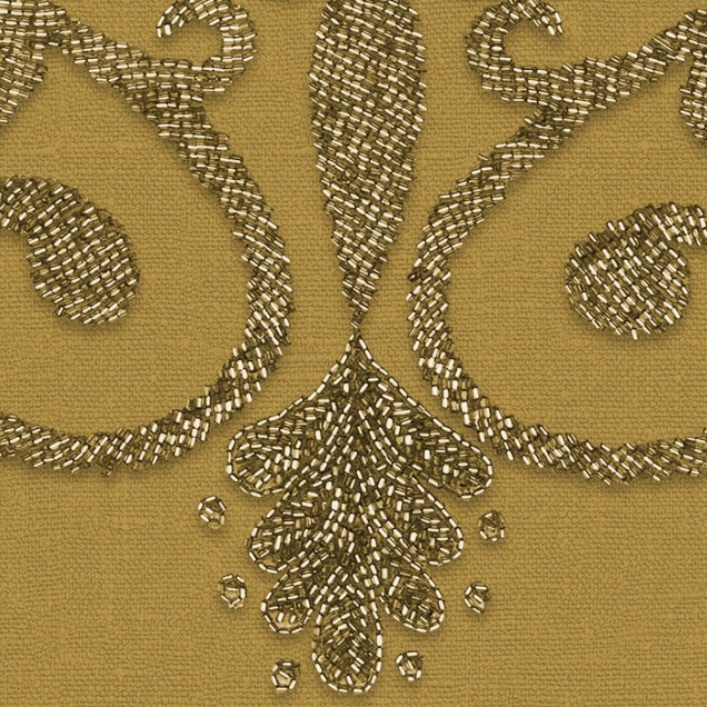 Tapetul Baroque Pearl, Yellow, cu design baroc elegant si culoare galbena calda, aduce rafinament oricarui spatiu.