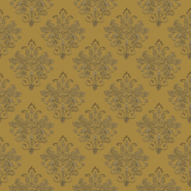 Tapetul Baroque Pearl, Yellow, cu design baroc elegant si culoare galbena calda, aduce rafinament oricarui spatiu.