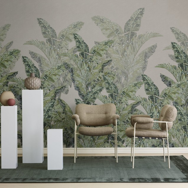 Tapet Jungle Pearl Beige cu frunze tropicale