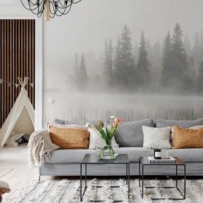 Tapet Frosty Lake, o imagine  misterioasă  a  unei  păduri  în  ceață  deasă,  perfect  pentru  a  crea  o  atmosferă  liniștitoare  și  mistică.