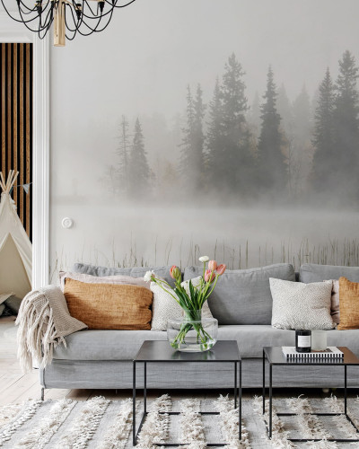 Tapet Frosty Lake, o imagine  misterioasă  a  unei  păduri  în  ceață  deasă,  perfect  pentru  a  crea  o  atmosferă  liniștitoare  și  mistică.