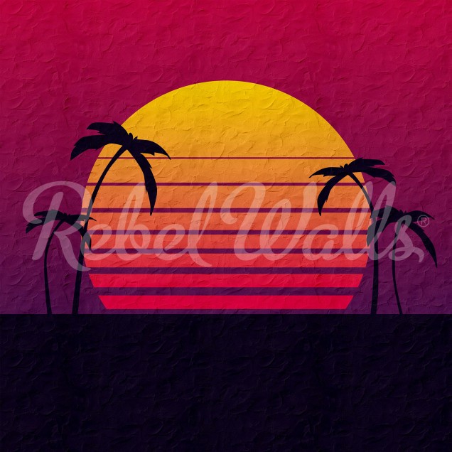 Un tapet cu un apus de soare tropical cu palmieri silueți în fața unui soare roșu aprins.