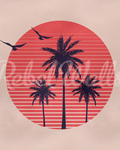 Palms Soft Pink, , cu design minimalist, cu palmieri siluetați pe un fundal de apus de soare cu dungi în tonuri de roz pal.