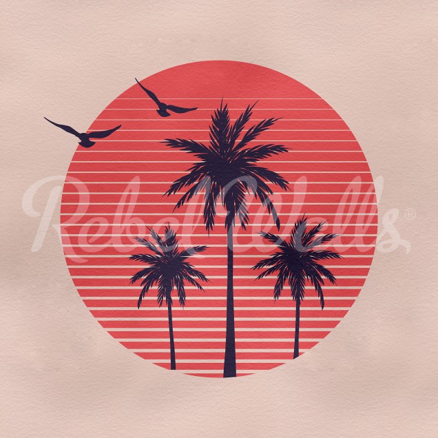 Palms Soft Pink, , cu design minimalist, cu palmieri siluetați pe un fundal de apus de soare cu dungi în tonuri de roz pal.