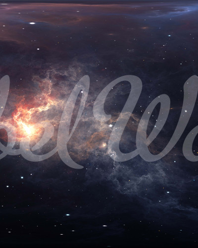 Tapet Amazing Space cu o nebuloasă roșie și stele sclipitoare, decorat cu o pat, o noptieră și un skateboard.