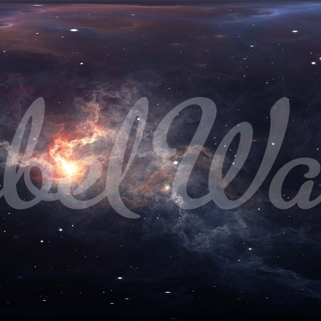 Tapet Amazing Space cu o nebuloasă roșie și stele sclipitoare, decorat cu o pat, o noptieră și un skateboard.