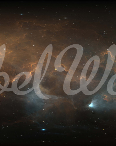 Imagine cu tapet In Space care prezintă nebuloase și stele strălucitoare pe un fundal negru. Tapetul este aplicat pe un perete din dormitor.