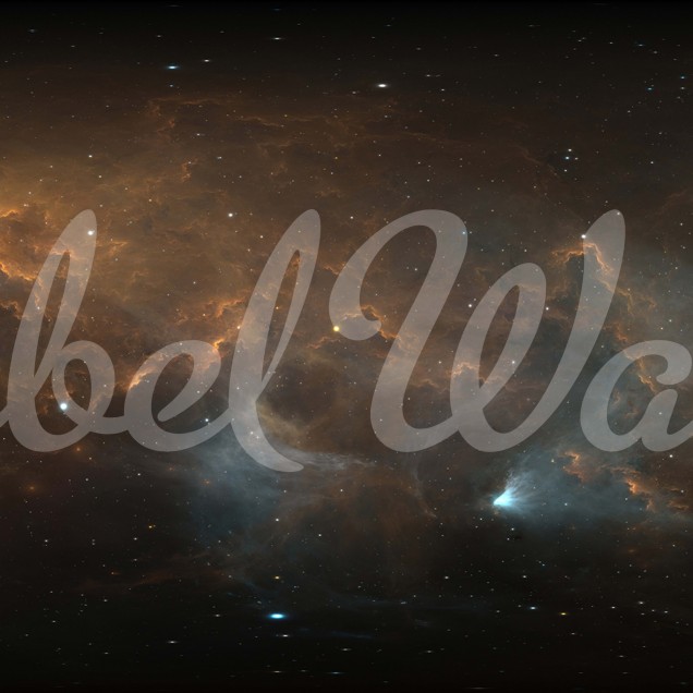 Imagine cu tapet In Space care prezintă nebuloase și stele strălucitoare pe un fundal negru. Tapetul este aplicat pe un perete din dormitor.