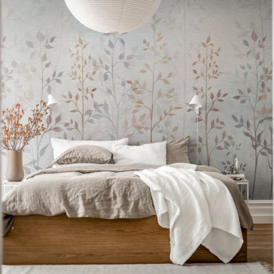 Tapet cu design minimalist, cu ramuri delicate și tonuri pastelate, ideal pentru dormitor.