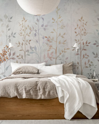 Tapet cu design minimalist, cu ramuri delicate și tonuri pastelate, ideal pentru dormitor.