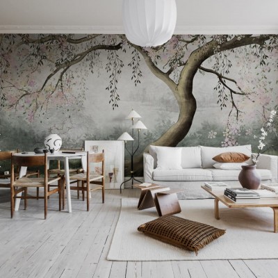 Fototapet cu design pastelat cu copac impunător într-un living elegant