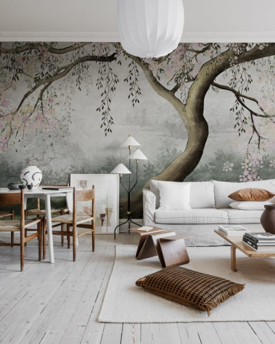 Fototapet cu design pastelat cu copac impunător într-un living elegant