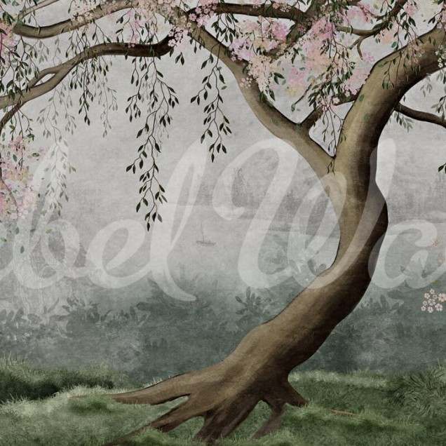 Fototapet cu design pastelat cu copac impunător într-un living elegant