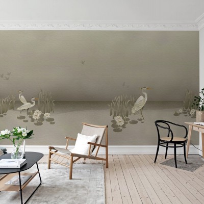Wallpaper 3D cu design minimalist, inspirat de natură, cu imaginea unor păsări elegante pe un fundal neutru.