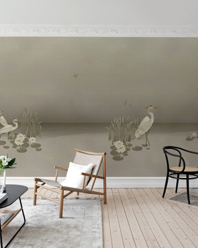 Wallpaper 3D cu design minimalist, inspirat de natură, cu imaginea unor păsări elegante pe un fundal neutru.