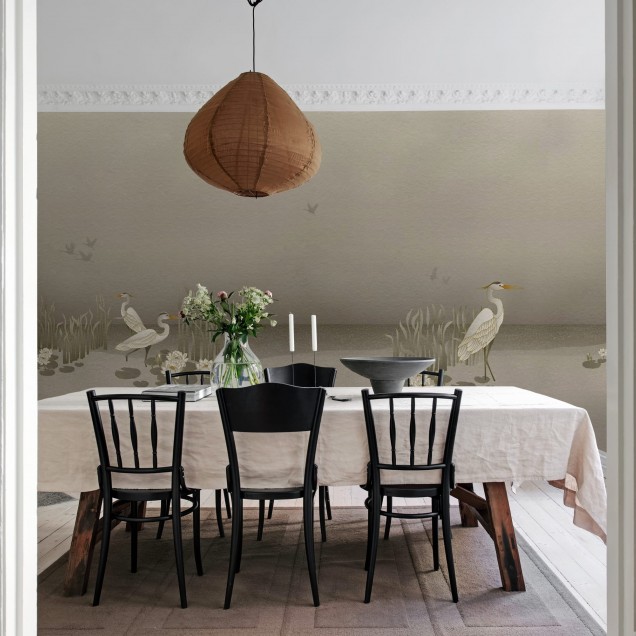 Wallpaper 3D cu design minimalist, inspirat de natură, cu imaginea unor păsări elegante pe un fundal neutru.