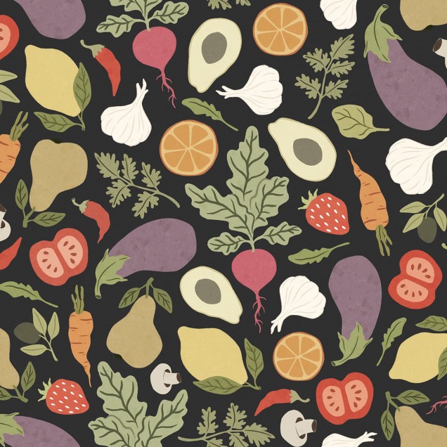 Tapet cu design unic, Eat your Greens Midnight, cu o colecție de legume și fructe colorate pe un fundal negru elegant.