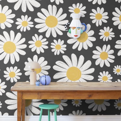 Tapet cu margarete albe pe fund negru, cu un design îndrăzneț și elegant.