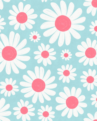 Tapet cu margarete, Dashing Daisies, Turquoise, cu fundal turcoaz delicat și flori albe cu centru roz.
