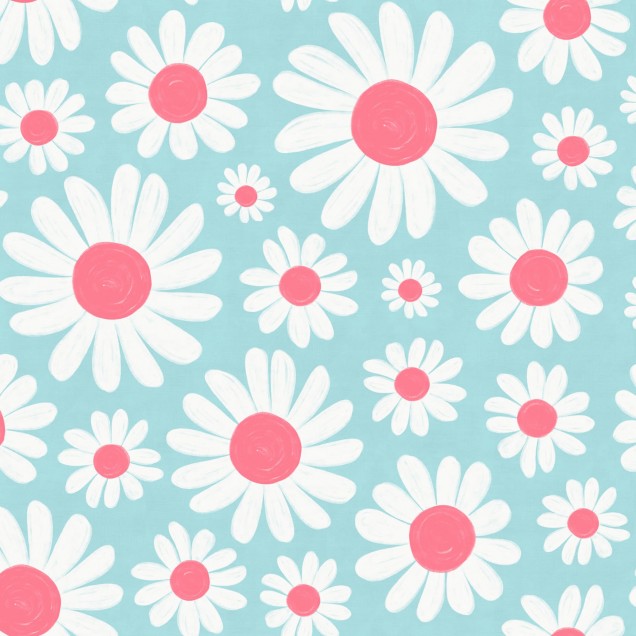 Tapet cu margarete, Dashing Daisies, Turquoise, cu fundal turcoaz delicat și flori albe cu centru roz.