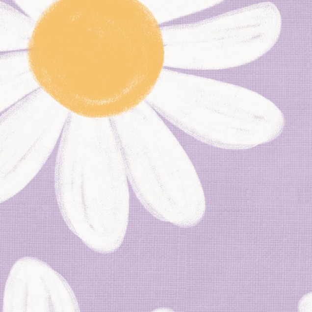 Tapet floral cu margarete albe pe fond liliac, decorand un living cu canapea maro si o masa cu flori.