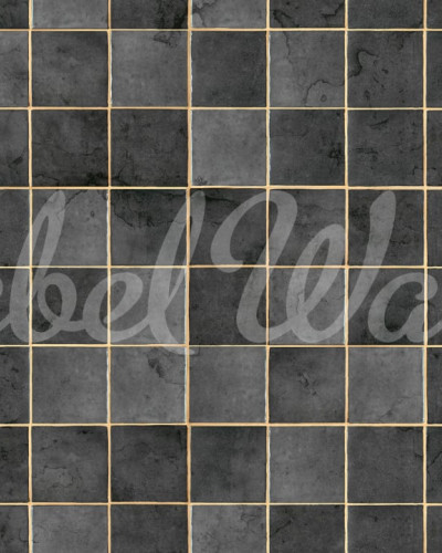 Tapet cu aspect de plăci ceramice negre cu detalii aurii, cu o masă și scaune negre în prim plan.