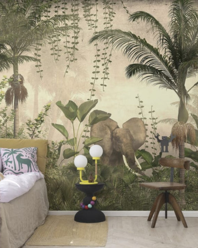 Tapet cu design exotic al naturii tropicale, cu palmieri, plante tropicale si animale salbatice.
