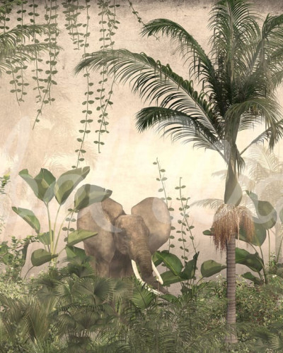 Tapet cu design exotic al naturii tropicale, cu palmieri, plante tropicale si animale salbatice.