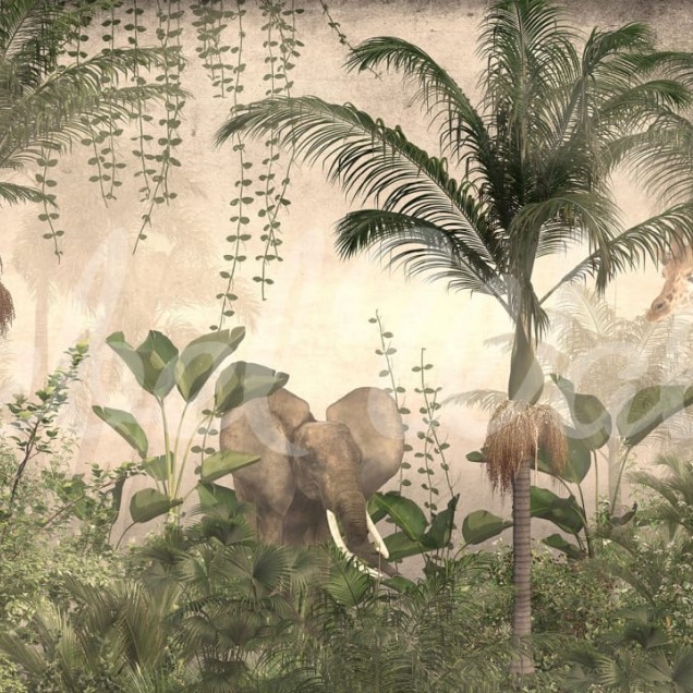Tapet cu design exotic al naturii tropicale, cu palmieri, plante tropicale si animale salbatice.