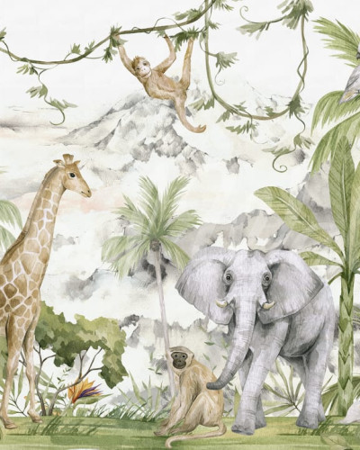 Tapet cu animale din jungla, ilustrat cu o girafa, un elefant, o maimuta si un papagal.